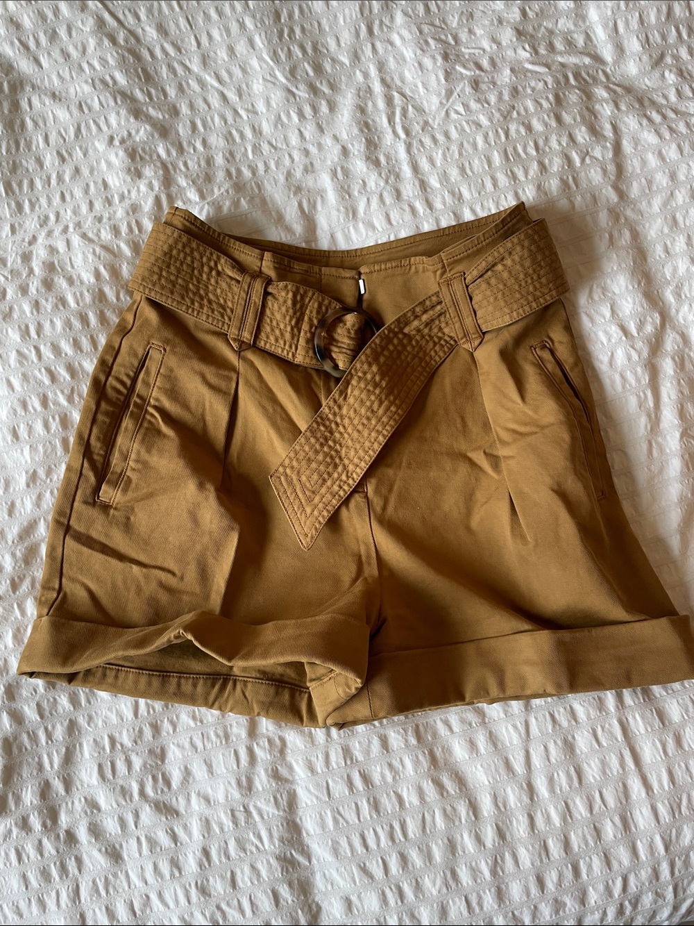 Sezane Rome High-Waist Quilted Belted Shorts in Camel